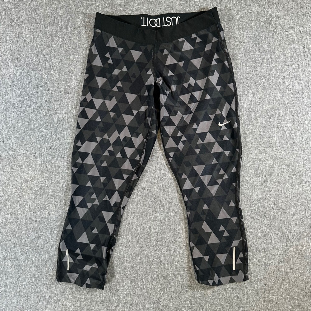 Nike Capri Leggings Women L Dri-FIT Grey Geometric Triangle Zipper Pocket